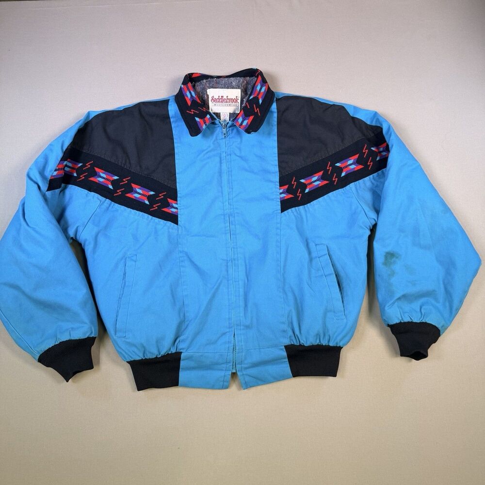 VTG Saddlebrook Aztec Bomber Jacket  Med Blanket Lined USA Westernwear Coat Teal